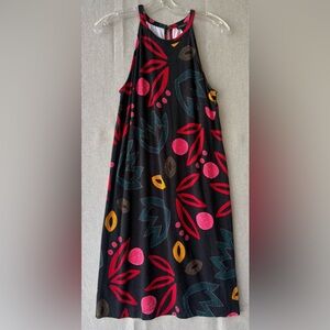 Ann Taylor Black Midi Dress with Pink, Teal & Mustard Print halter